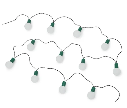 Une guirlande lumineuse à LED avec un câble noir, dix ampoules blanches et des douilles vertes.