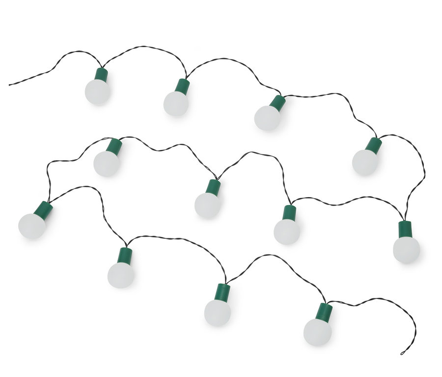 Une guirlande lumineuse à LED avec un câble noir, dix ampoules blanches et des douilles vertes.