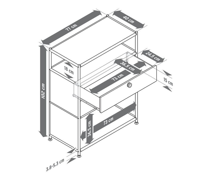 Dimensions de la commode bleue « CN3 » avec 2 tiroirs.