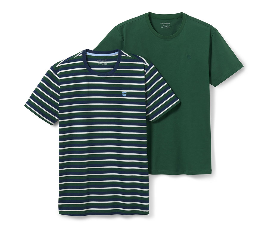 Deux t-shirts à encolure ronde : un vert et un rayé bleu et blanc.