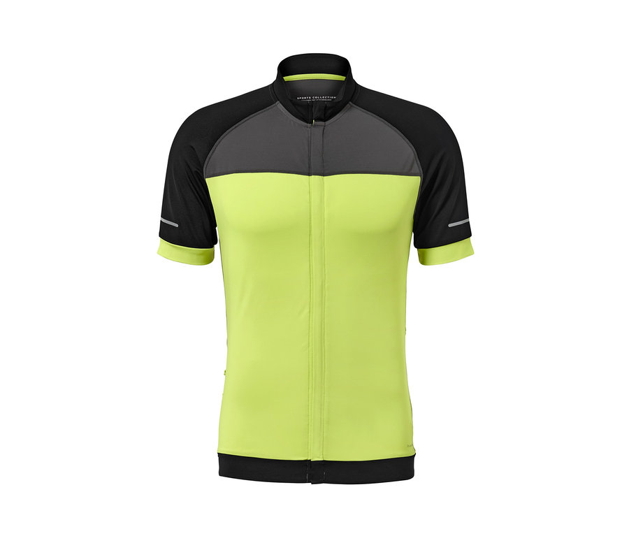 Maillot de cyclisme vert avec manches noires et empiècement d'épaule gris.