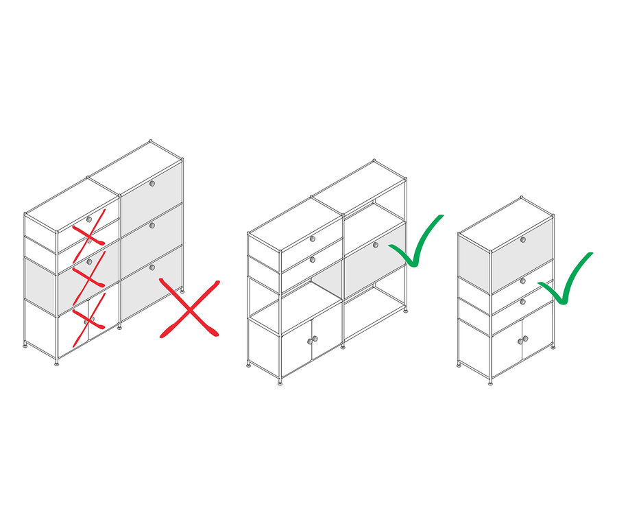 Un schéma de trois configurations d'armoires. La première armoire est marquée d'une croix rouge, les deux autres sont marquées d'une coche verte.