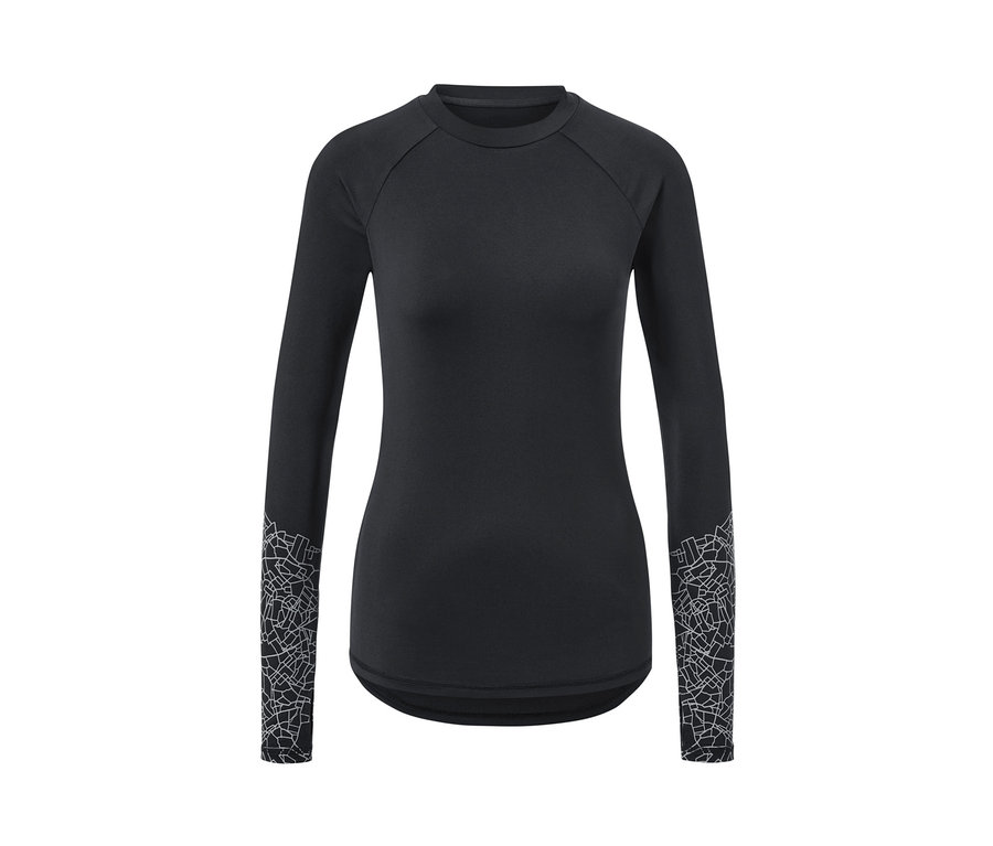T-shirt technique à manches longues noir avec imprimé argenté sur les manches.