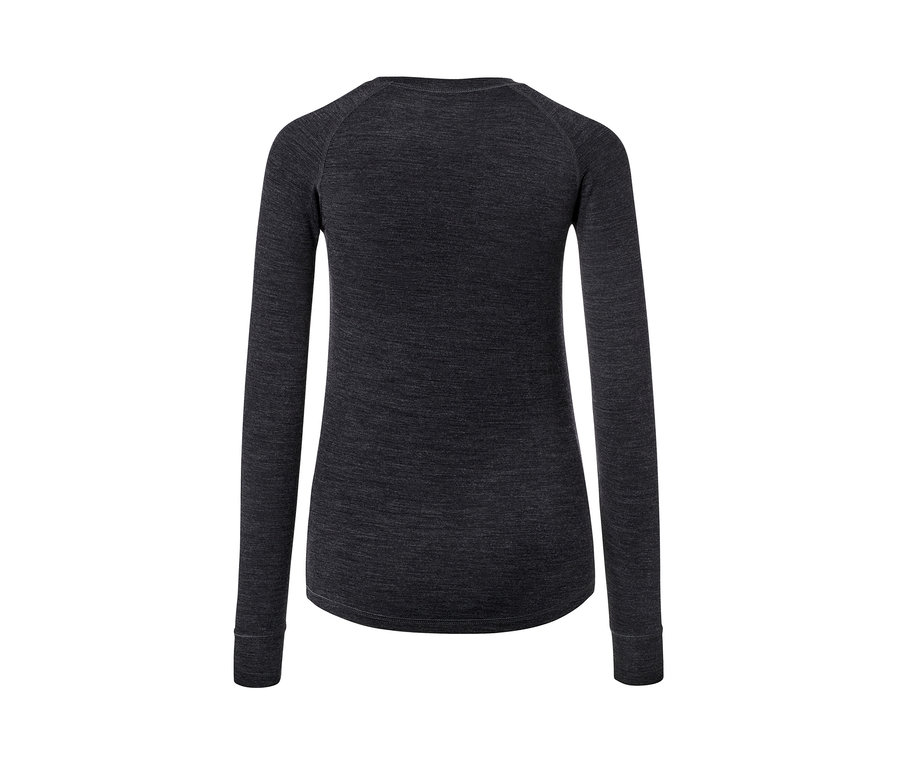 Vue détaillée de l'arrière d'un t-shirt technique à manches longues pour femmes avec de la laine certifiée RWS.