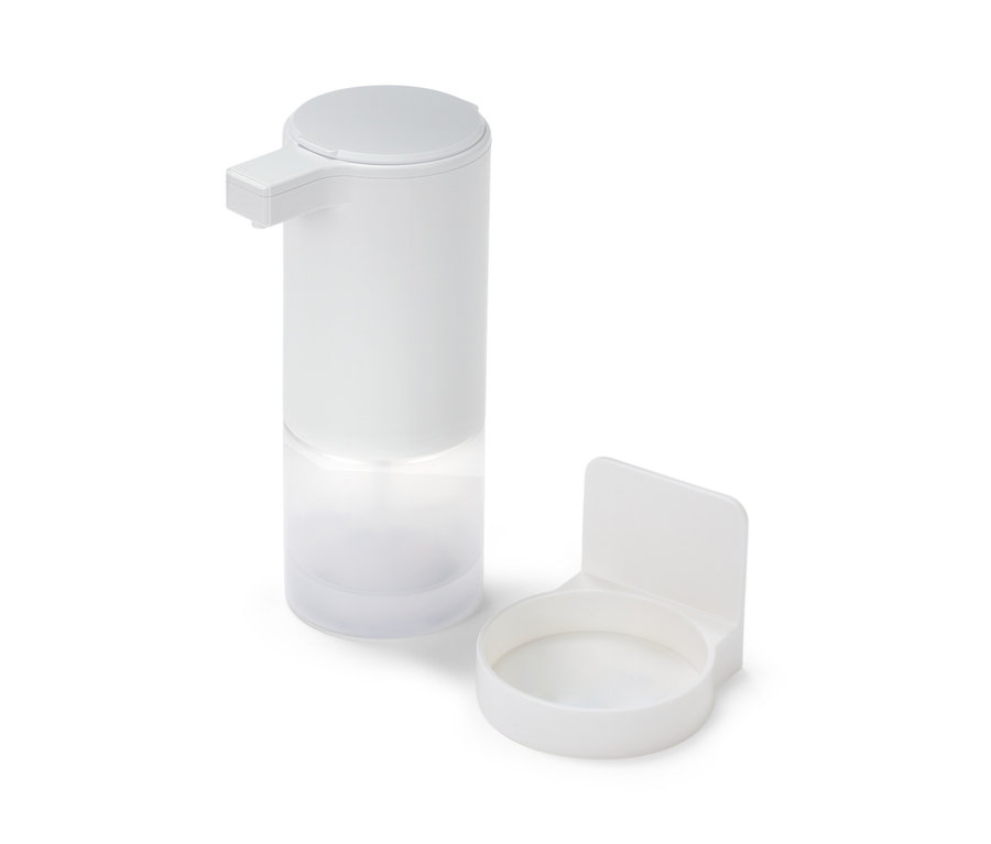 Distributeur de savon blanc avec capteur et support.