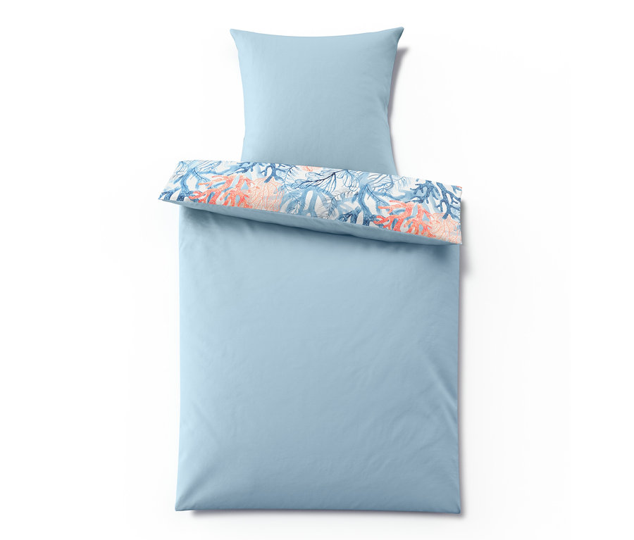 Parure de lit en renforcé bleu clair, taille normale, avec motif de coraux.