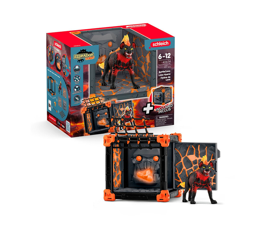 La hyène de lave BattleCave Eldrador de Schleich sur fond de lave.