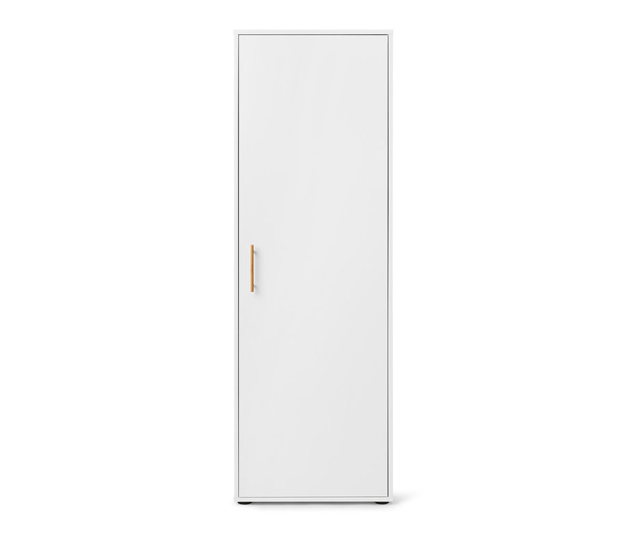Une armoire universelle blanche avec une poignée en bois sur un fond blanc.