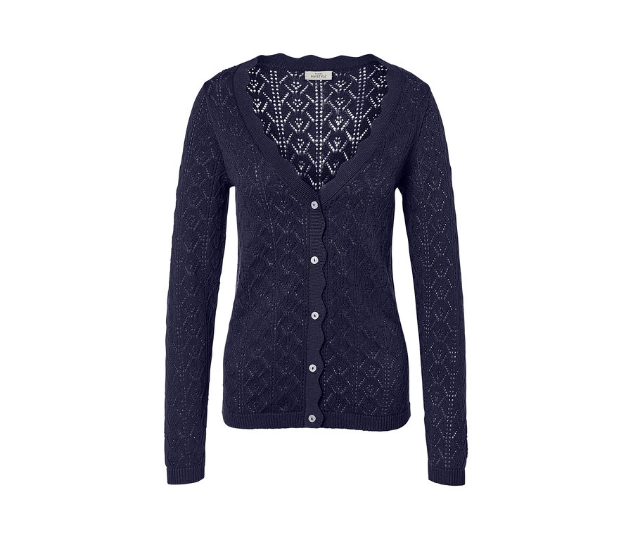 Veste en maille bleu foncé avec motif ajouré et boutons.