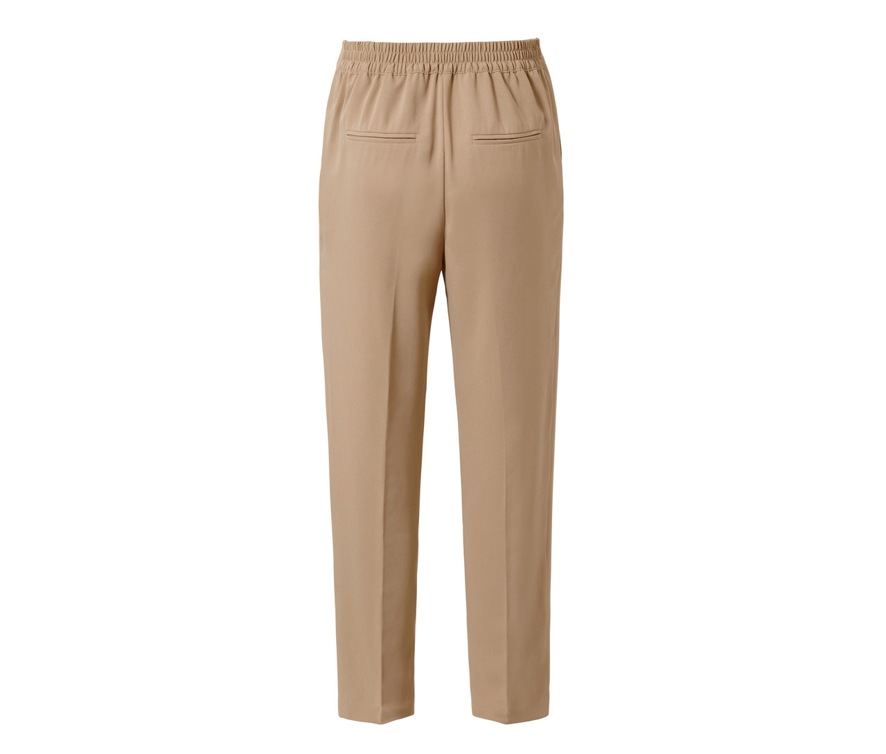 Détail d'un pantalon tissé beige avec passepoil.