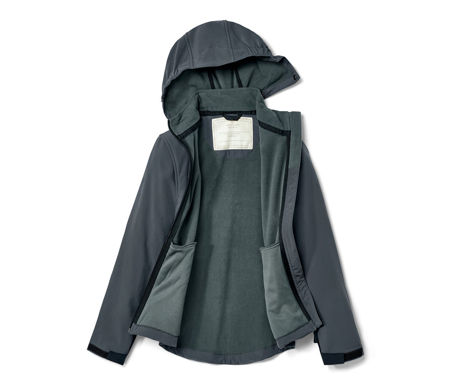 Veste en softshell ouverte pour enfant, de couleur grise avec capuche.