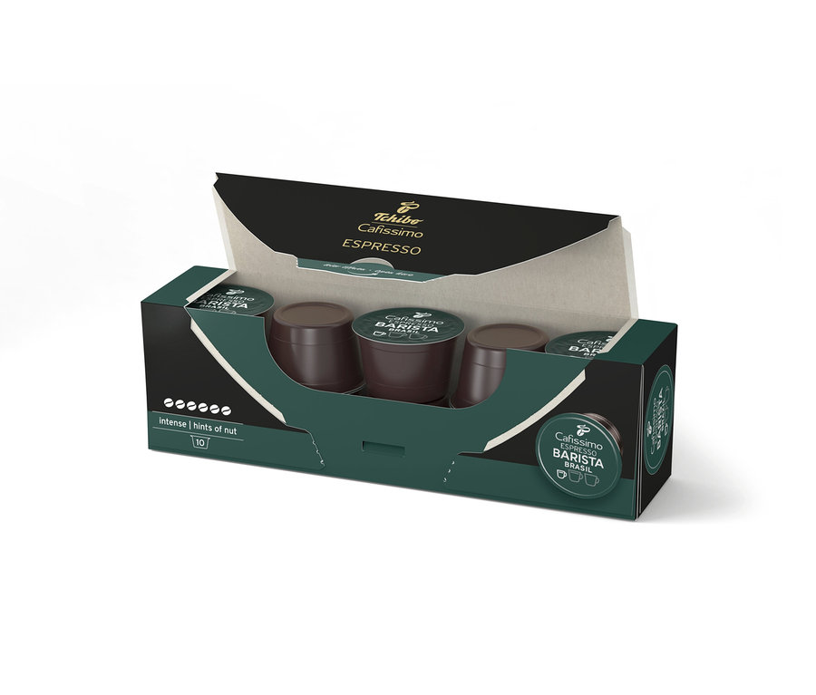 Paquet ouvert de capsules Cafissimo Barista Espresso Brasil.