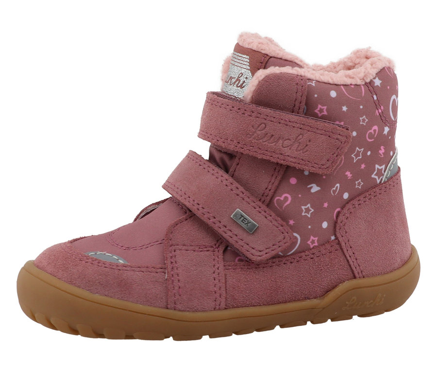 La botte LURCHI « Jilly Barefoot-TEX » est rose avec une fermeture velcro et une semelle marron.