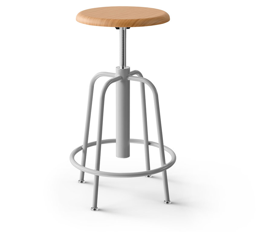 Tabouret de bar gris avec assise en bois.