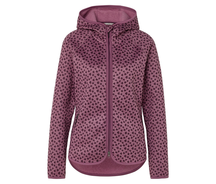 Veste polaire violette à capuche avec motif à pois pour femmes.