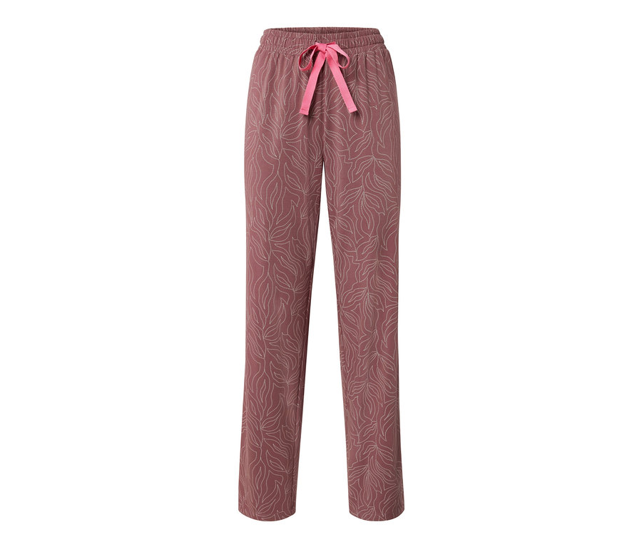 Pantalon de pyjama rose avec imprimé de feuilles et ruban rose.