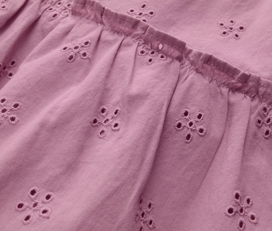Gros plan sur une robe rose pour enfant avec des broderies florales.