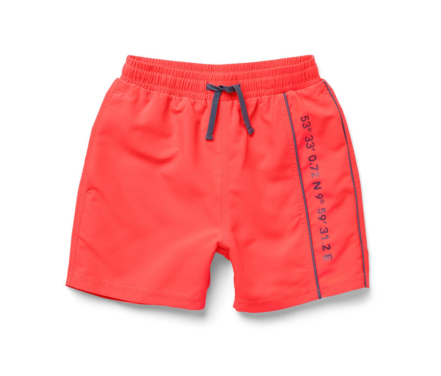 Short de bain enfant rouge avec taille élastique et cordon de serrage.