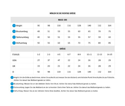 Un tableau des tailles de vêtements indiquant les mesures en cm et les tailles correspondantes pour différents pays.