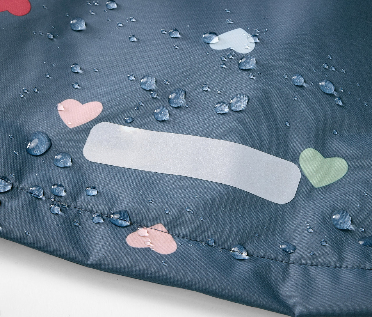 Gros plan sur une veste imperméable thermique pour enfants avec un motif de cœurs et des gouttes d'eau.