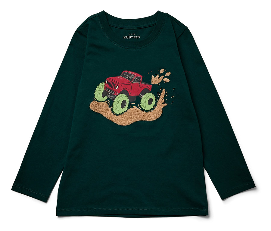 T-shirt à manches longues vert foncé avec un monster truck rouge et de gros pneus verts.
