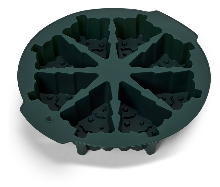 Vue détaillée d'un moule à glaçons en silicone avec des motifs de chauves-souris et d'arbres en vert.