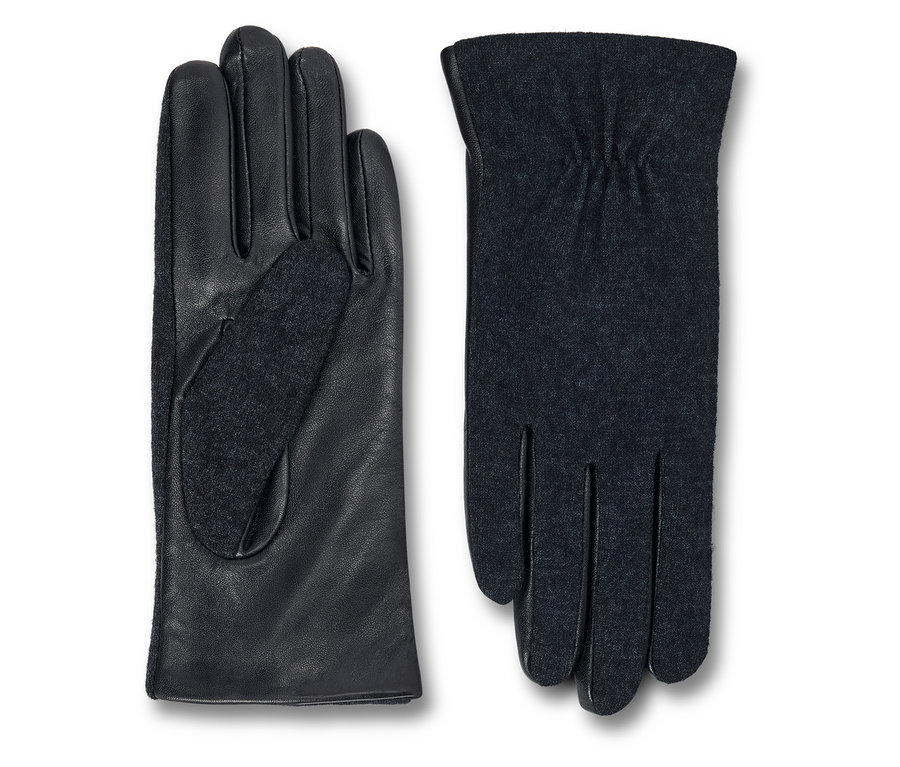 Deux gants, une paire de gants en cuir noir et une paire de gants en tricot gris.