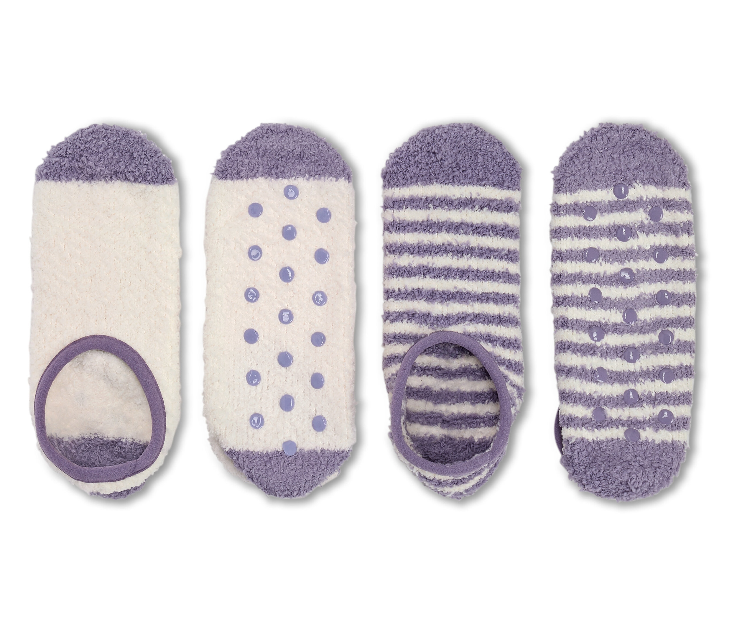 Quatre paires de chaussettes duveteuses en blanc et violet.