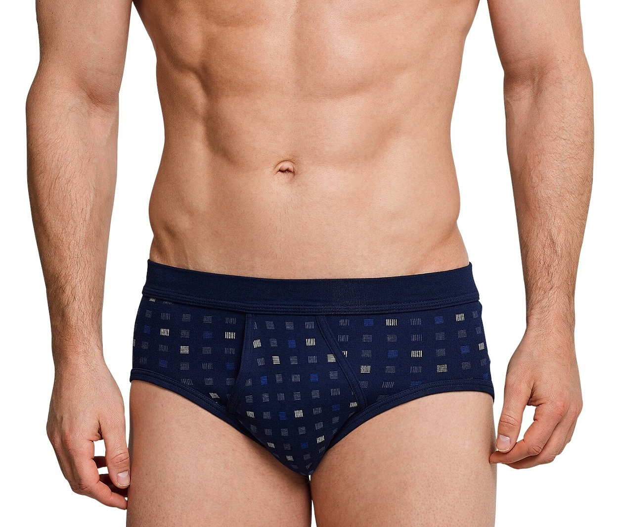 Un homme porte des slips SCHIESSER bleus en maille côtelée fine.