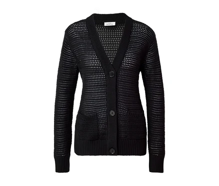 Cardigan noir en maille pointelle avec boutons et poches.