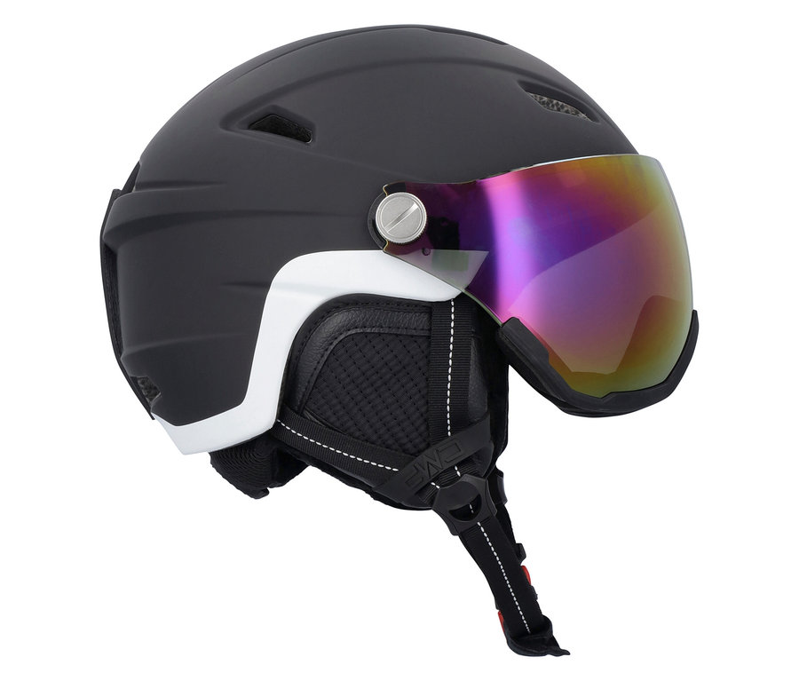 Vue détaillée d'un casque de ski noir avec une visière violette.