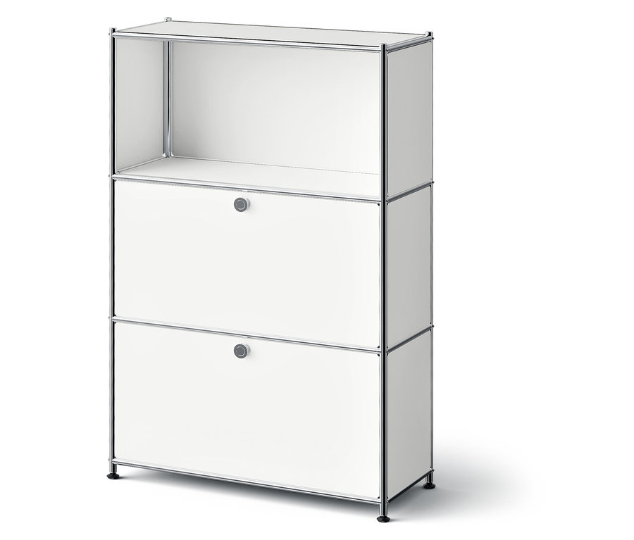 Étagère blanche avec deux tiroirs et un compartiment supérieur ouvert.