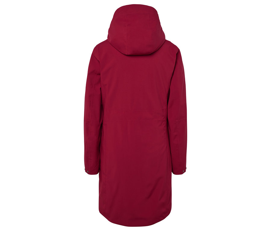 Vue arrière d'une veste bordeaux à capuche.
