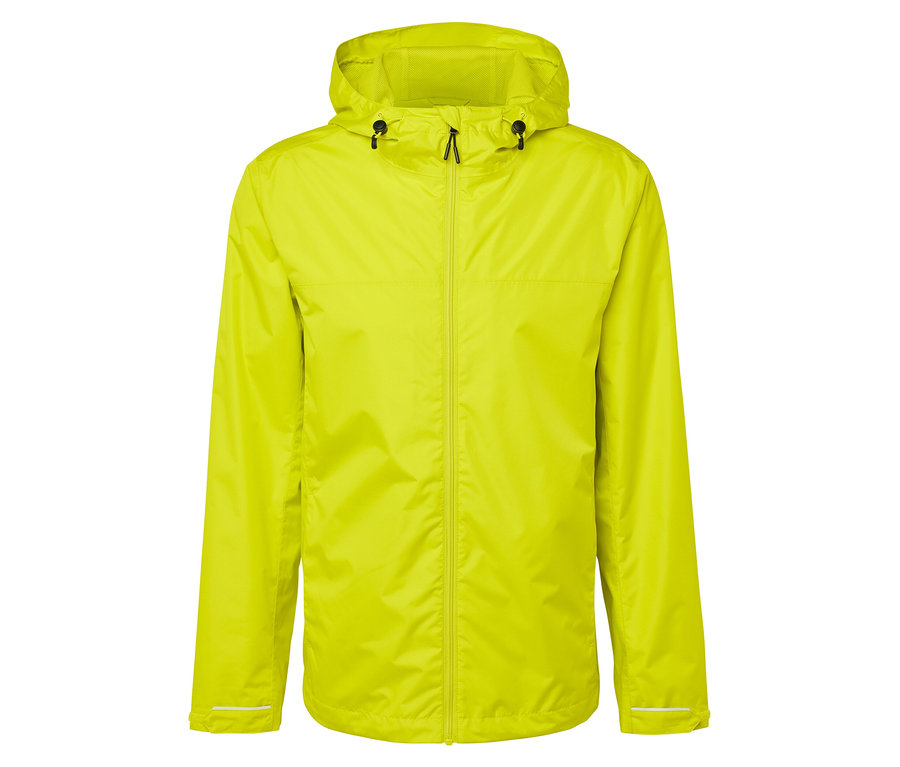 Veste de pluie jaune avec capuche et fermeture éclair.