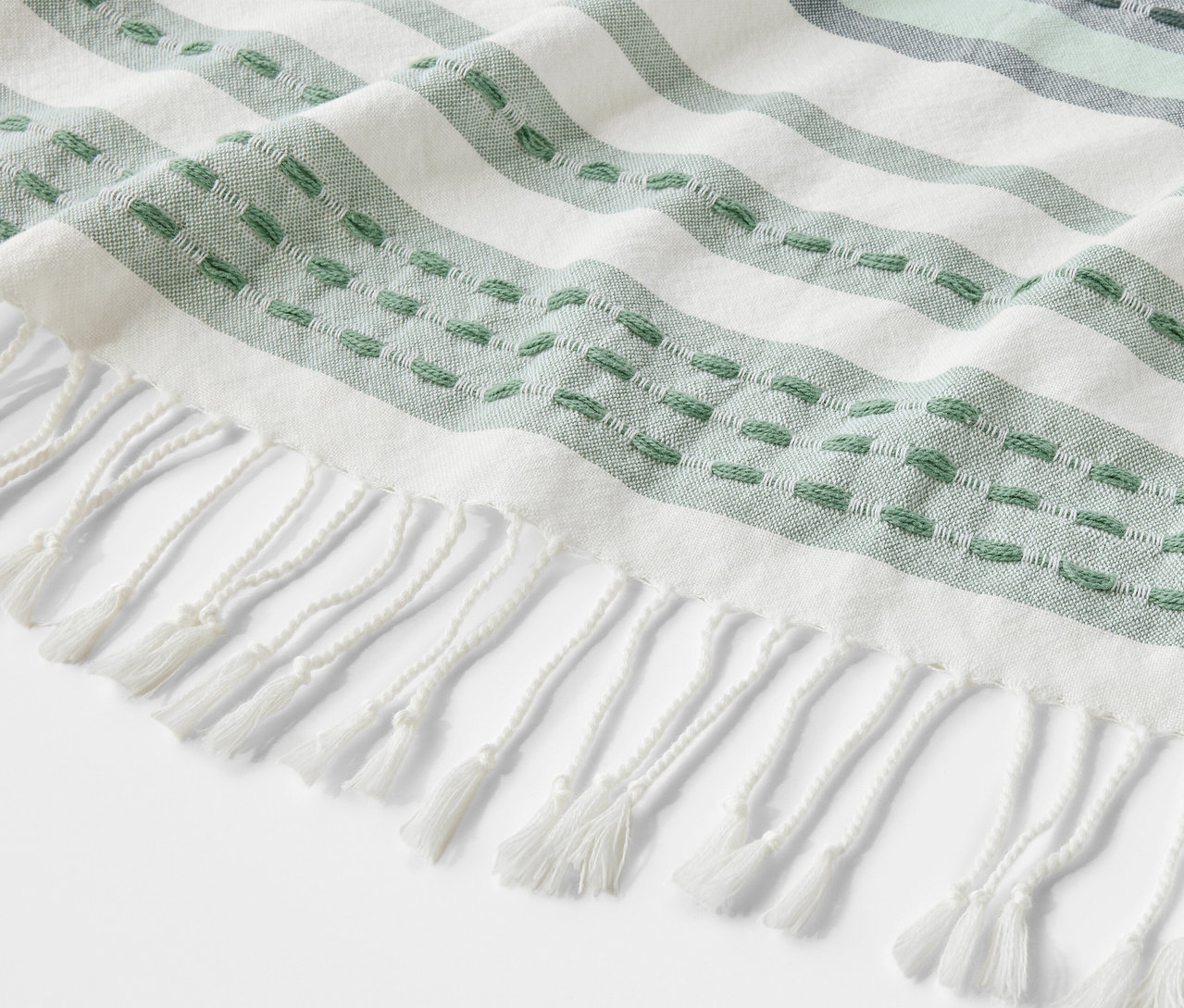 Vue détaillée d'un plaid à franges blanches et rayures vertes.