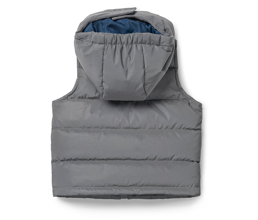 Vue arrière d'un gilet matelassé gris avec capuche et doublure bleue.