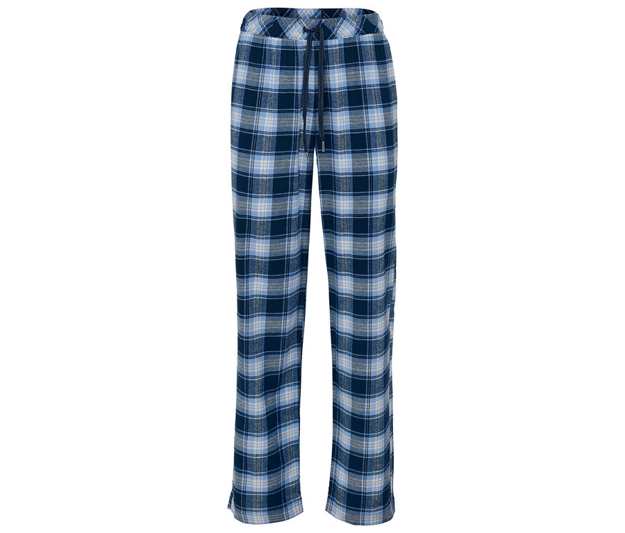 Un pantalon de pyjama à carreaux bleus avec cordon de serrage.