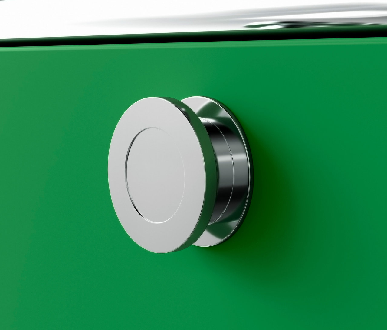 Gros plan sur un caisson à roulettes « CN3 » vert avec 3 tiroirs et une poignée ronde argentée.