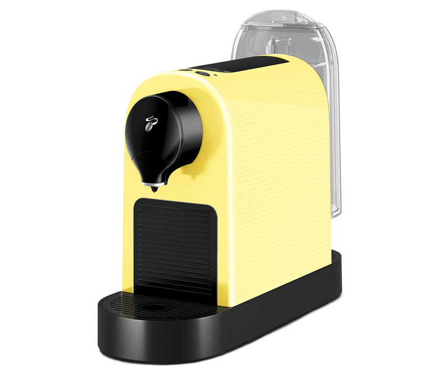 Machine à café à capsules jaune avec bec verseur noir et réservoir d'eau.