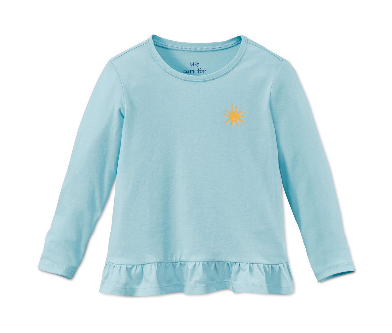 Un t-shirt bleu à manches longues en coton bio avec un volant.