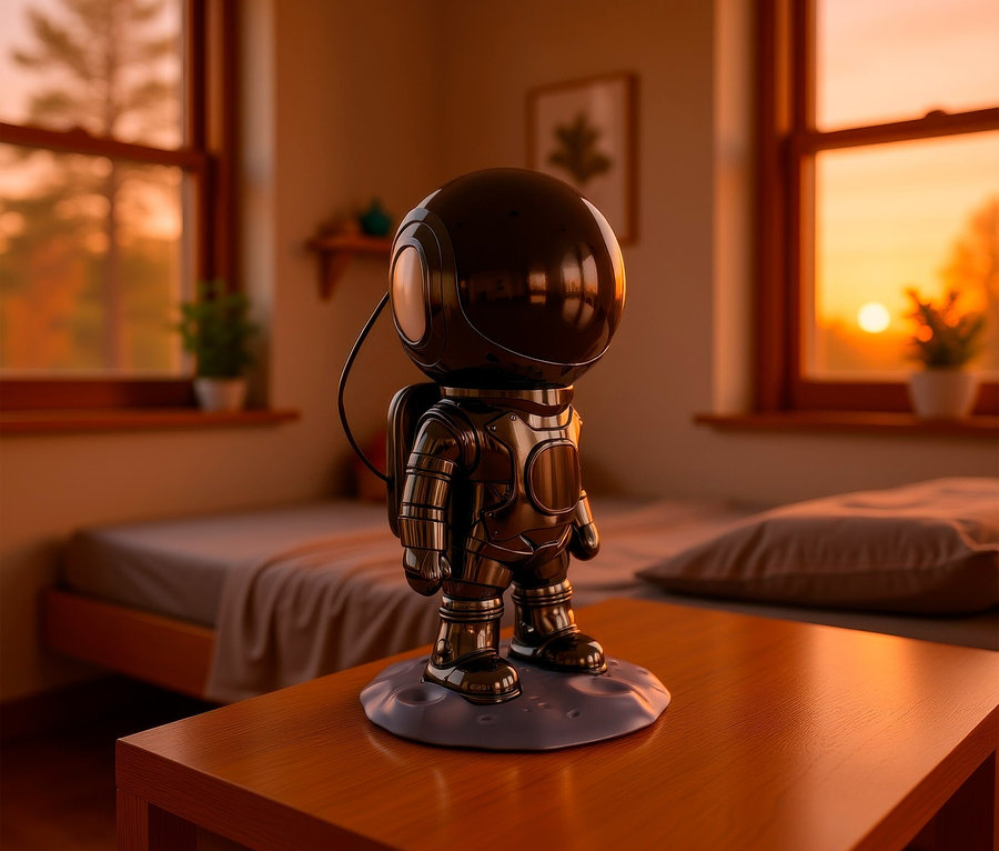Un astronaute se tient sur une table dans une chambre.