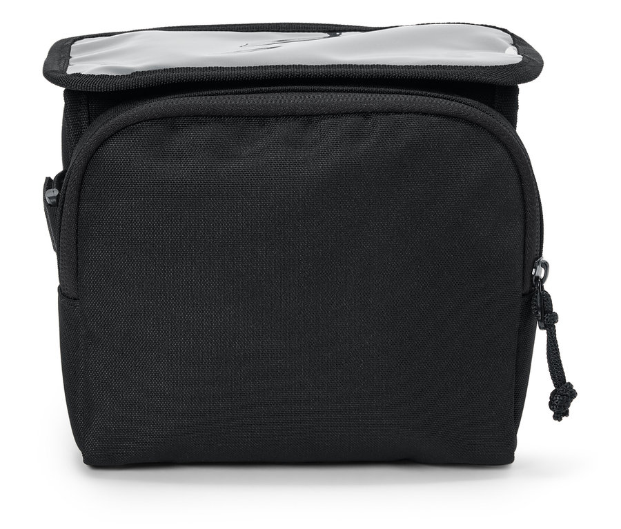 Un sac noir avec un couvercle en plastique transparent.