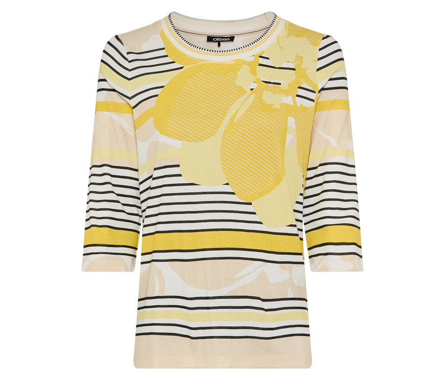 Le T-shirt 3/4 Olsen est rayé et présente un motif floral jaune.