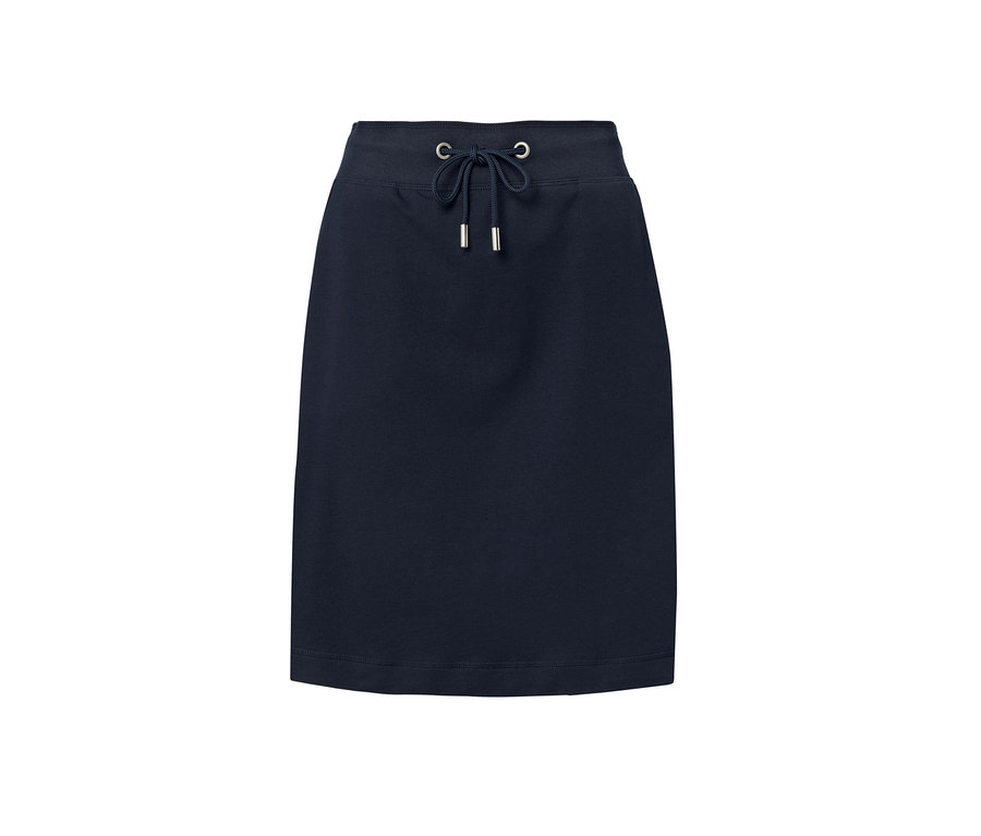 Une jupe en sweat bleu marine avec un cordon de serrage à la taille.