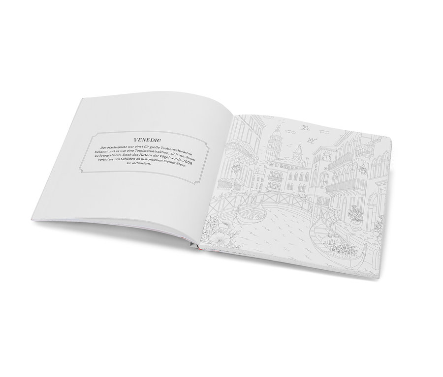 Livre ouvert «
Rreise durch Europa – Ausmalen und Entspannen
R» avec une illustration de Venise.