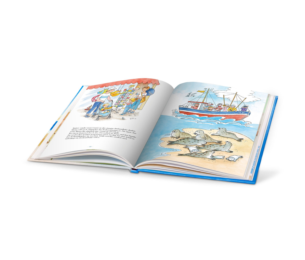 Livre ouvert avec des illustrations d'un marché et de phoques, Livre « Les plus belles histoires de vacances » (en allemand).