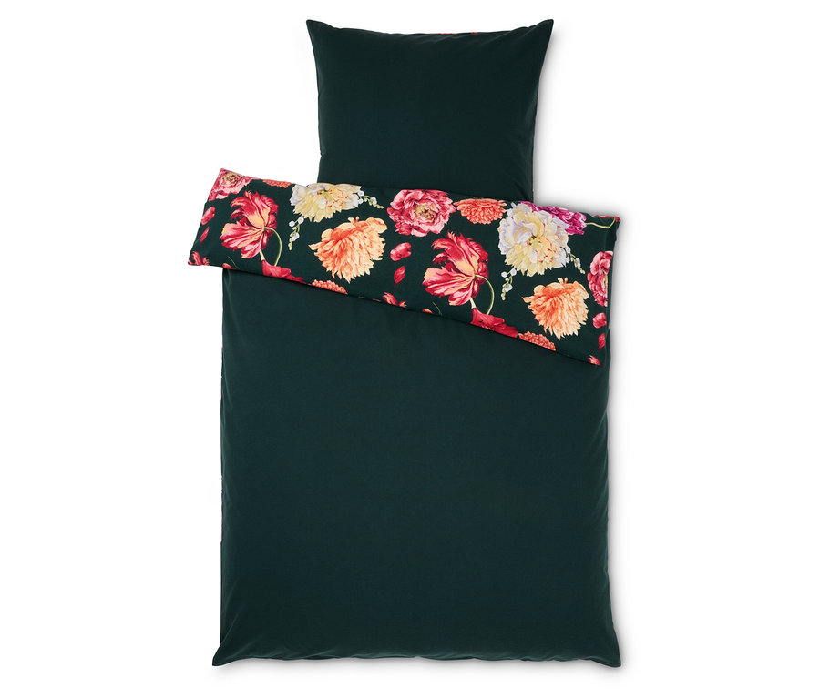 Literie vert foncé avec motif floral.