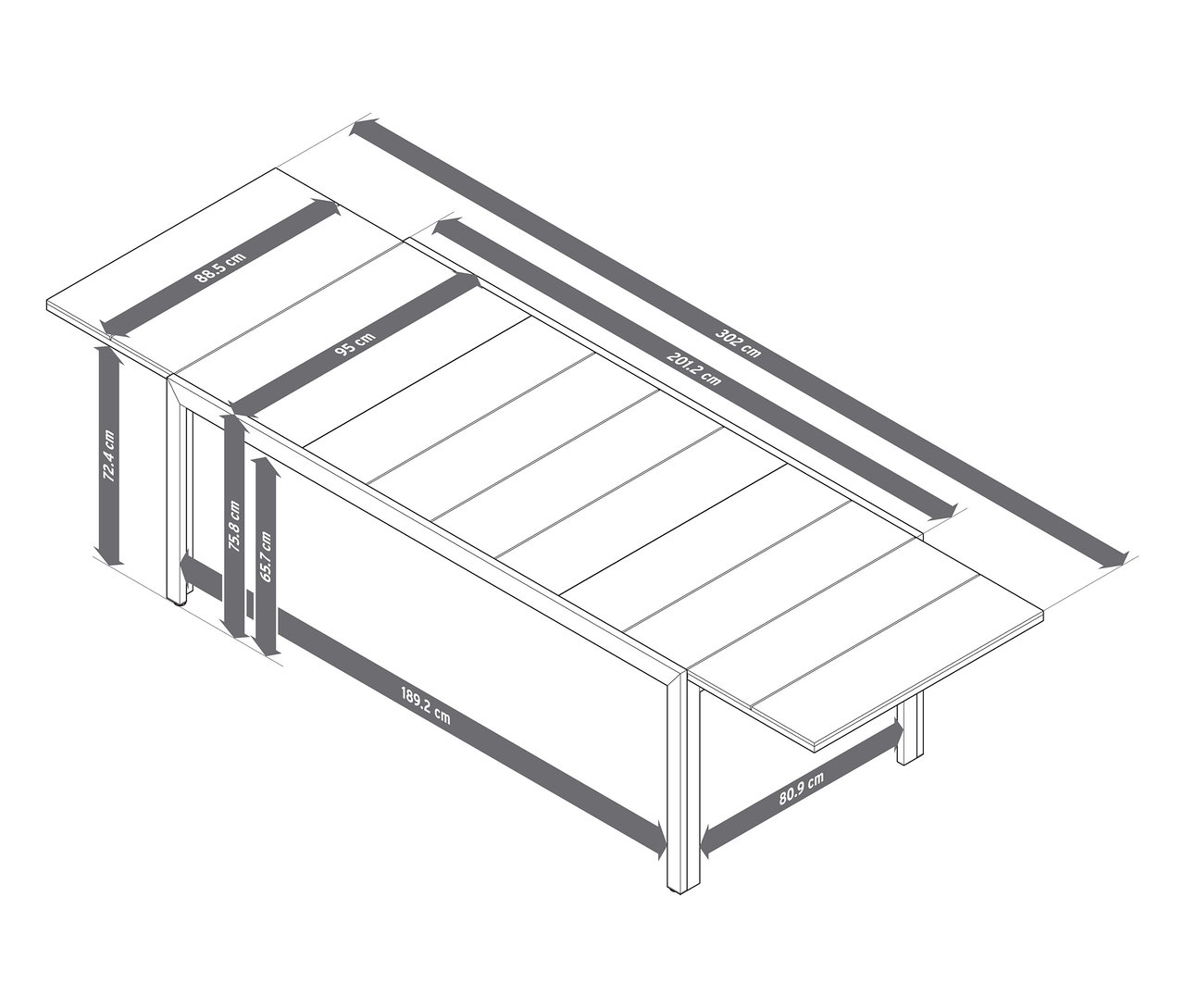 Schéma d'une table de jardin extensible avec plateau en Duraboard, env. 200‒300 cm, avec indications de dimensions.