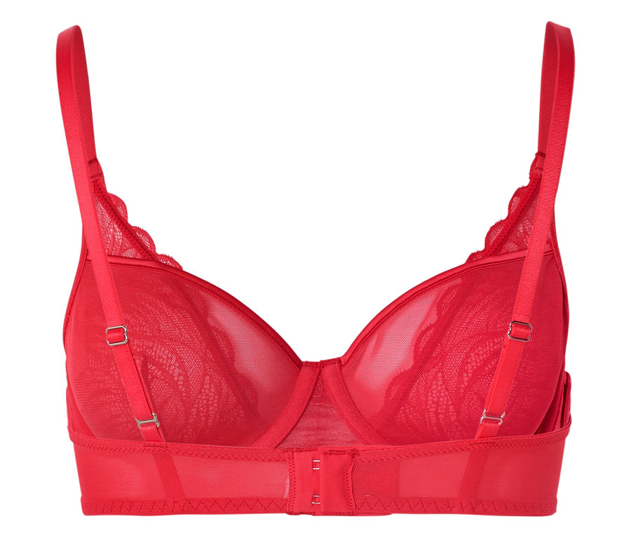 Vue arrière d'un soutien-gorge rouge avec bretelles réglables et fermeture à agrafes.