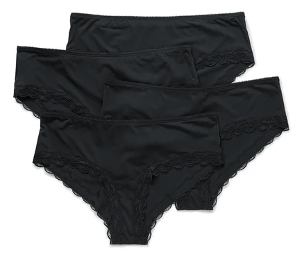 Quatre culottes noires pour femmes avec bordure en dentelle sont superposées sur un fond blanc.